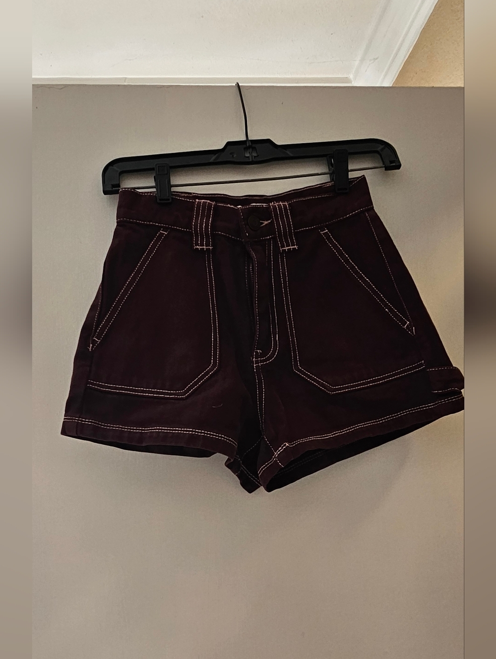 Burgundy Jean Shorts with Contrast Stitching
